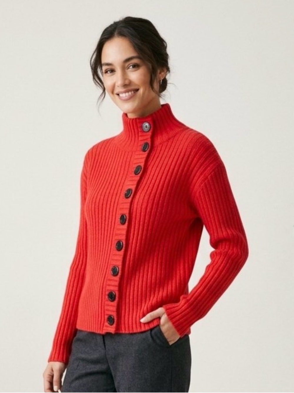 Women's KOANDAILY Vibrant Red Ribbed Asymmetrical Button-Front Cardigan, 2XL